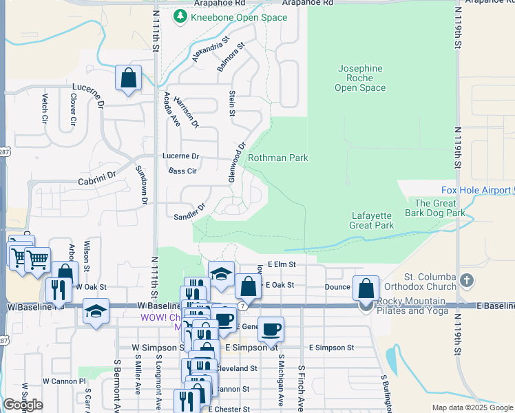 map of restaurants, bars, coffee shops, grocery stores, and more near 624 Wild Ridge Circle in Lafayette