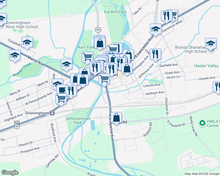 map of restaurants, bars, coffee shops, grocery stores, and more near 121 Jefferson Avenue in Downingtown