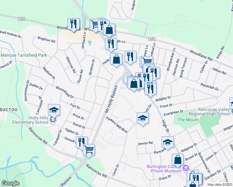map of restaurants, bars, coffee shops, grocery stores, and more near 20 Parliament Drive in Mount Holly