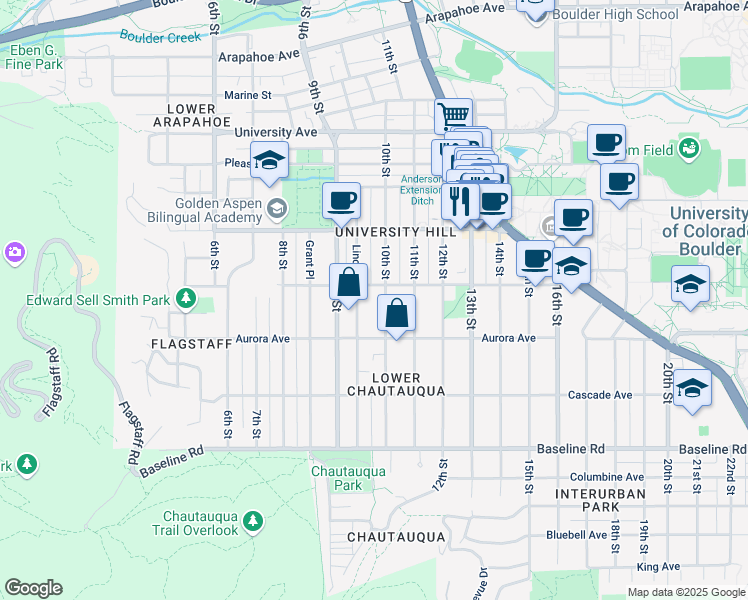 map of restaurants, bars, coffee shops, grocery stores, and more near 965 10th Street in Boulder