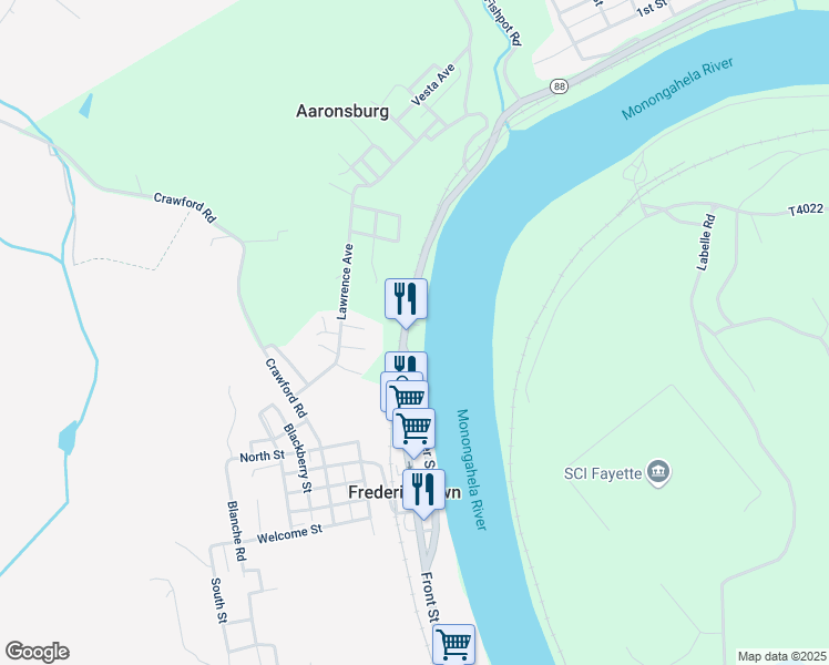 map of restaurants, bars, coffee shops, grocery stores, and more near 578 Front Street in Fredericktown