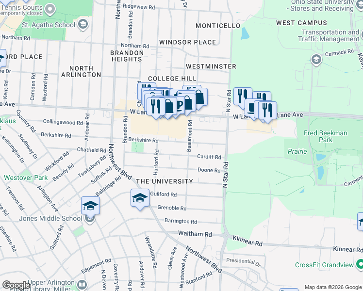map of restaurants, bars, coffee shops, grocery stores, and more near 1581 Berkshire Road in Columbus