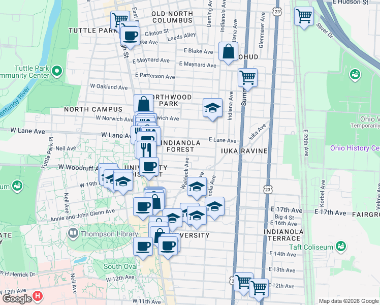 map of restaurants, bars, coffee shops, grocery stores, and more near 140 Frambes Avenue in Columbus