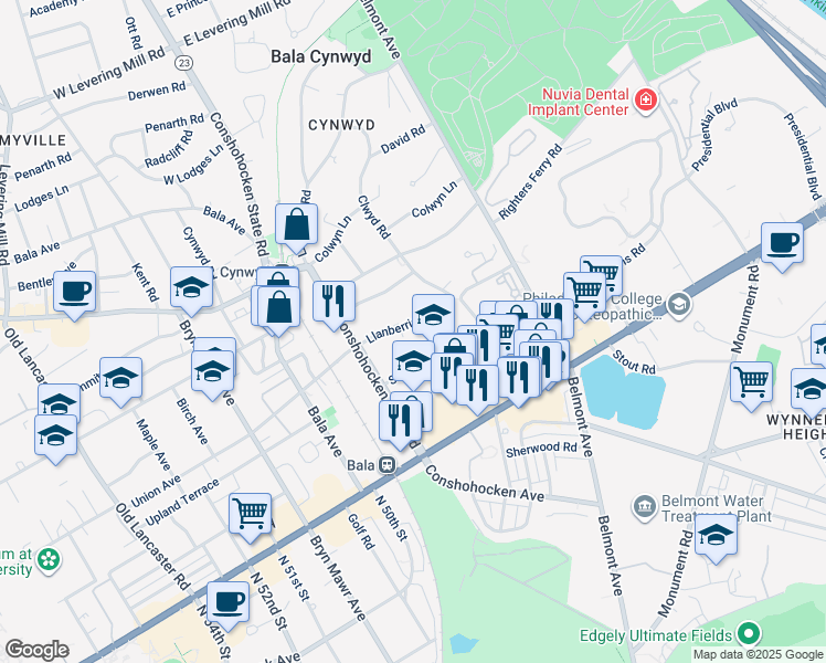 map of restaurants, bars, coffee shops, grocery stores, and more near 24 Llanberris Road in Bala Cynwyd