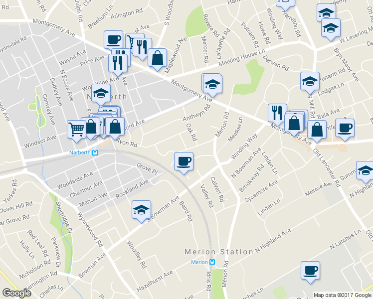 map of restaurants, bars, coffee shops, grocery stores, and more near 454 Rockland Avenue in Narberth