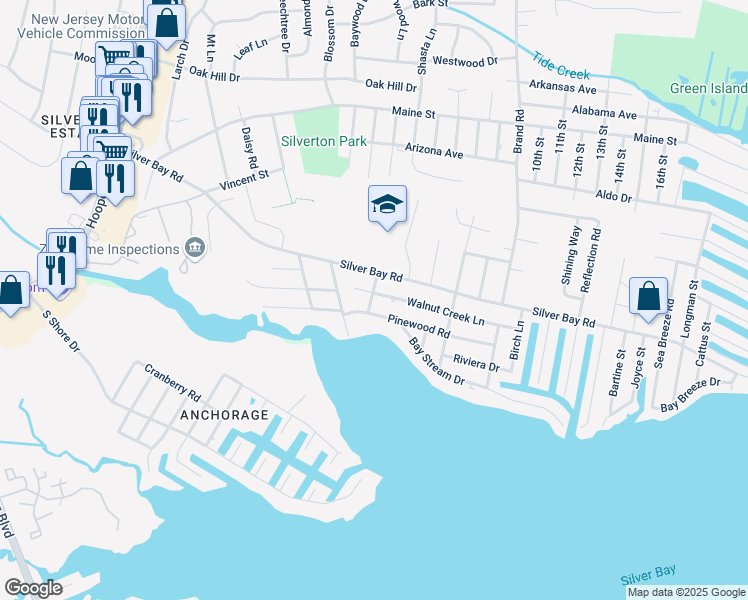 map of restaurants, bars, coffee shops, grocery stores, and more near 143 Walnut Creek Ln in Toms River