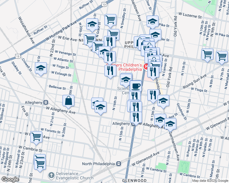 map of restaurants, bars, coffee shops, grocery stores, and more near 3348 North 16th Street in Philadelphia