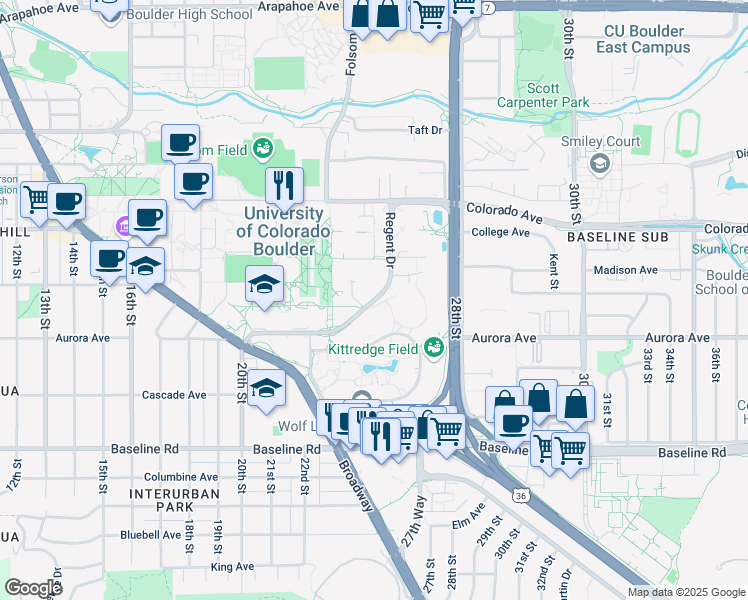 map of restaurants, bars, coffee shops, grocery stores, and more near Regent Drive in Boulder