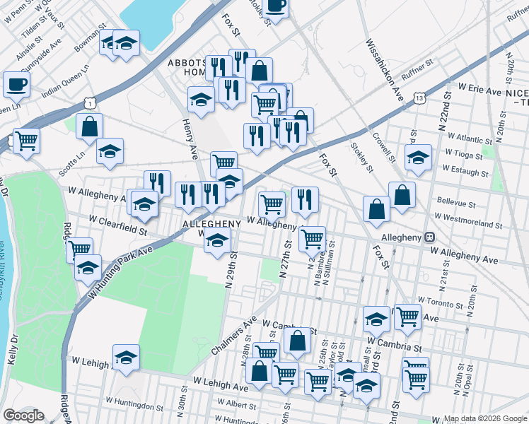 map of restaurants, bars, coffee shops, grocery stores, and more near 3215 North Newkirk Street in Philadelphia