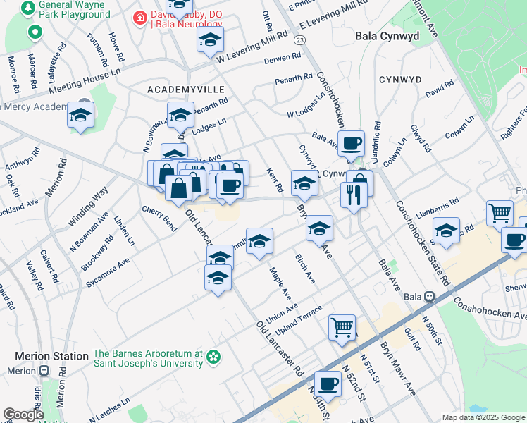 map of restaurants, bars, coffee shops, grocery stores, and more near 124 Montgomery Avenue in Bala Cynwyd