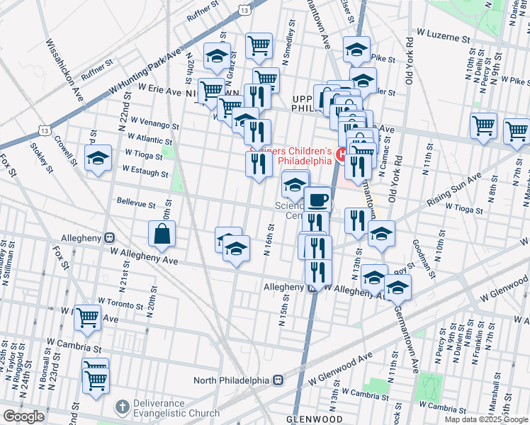map of restaurants, bars, coffee shops, grocery stores, and more near 1614 West Ontario Street in Philadelphia
