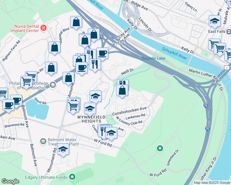 map of restaurants, bars, coffee shops, grocery stores, and more near 3901 Conshohocken Avenue in Philadelphia