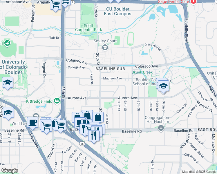 map of restaurants, bars, coffee shops, grocery stores, and more near 3130 Euclid Avenue in Boulder