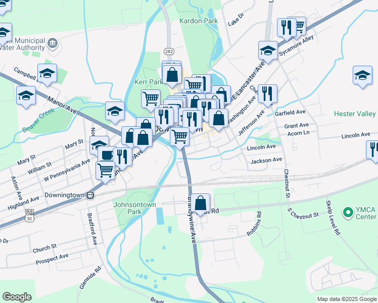 map of restaurants, bars, coffee shops, grocery stores, and more near 109 Jefferson Avenue in Downingtown