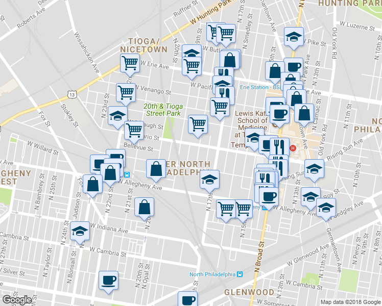 map of restaurants, bars, coffee shops, grocery stores, and more near 3341 North Gratz Street in Philadelphia