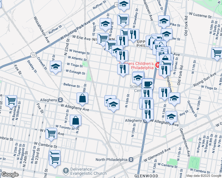 map of restaurants, bars, coffee shops, grocery stores, and more near 3346 North Bouvier Street in Philadelphia