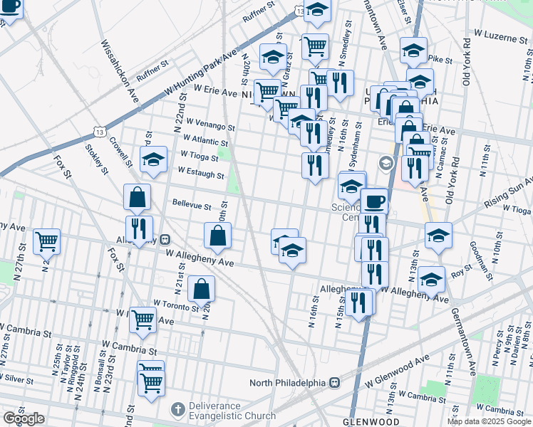 map of restaurants, bars, coffee shops, grocery stores, and more near 3341 North Gratz Street in Philadelphia