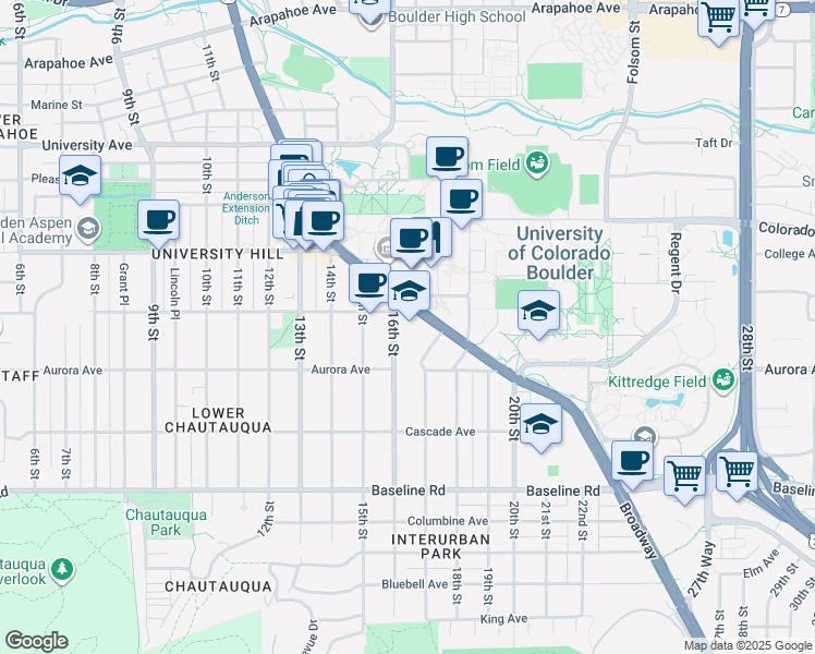 map of restaurants, bars, coffee shops, grocery stores, and more near 956 16th Street in Boulder