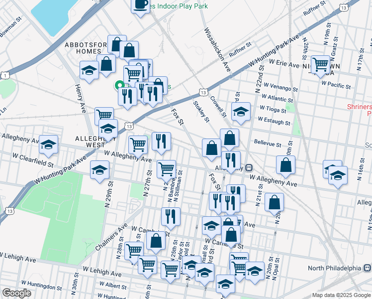 map of restaurants, bars, coffee shops, grocery stores, and more near 3241 North Stillman Street in Philadelphia