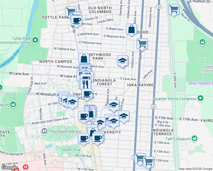 map of restaurants, bars, coffee shops, grocery stores, and more near 122 Frambes Avenue in Columbus