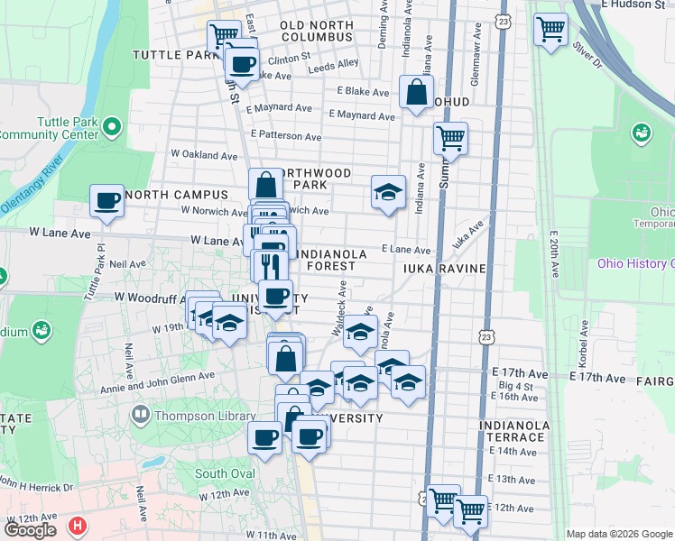 map of restaurants, bars, coffee shops, grocery stores, and more near E Frambes Ave in Columbus