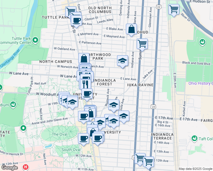 map of restaurants, bars, coffee shops, grocery stores, and more near 122 Frambes Avenue in Columbus