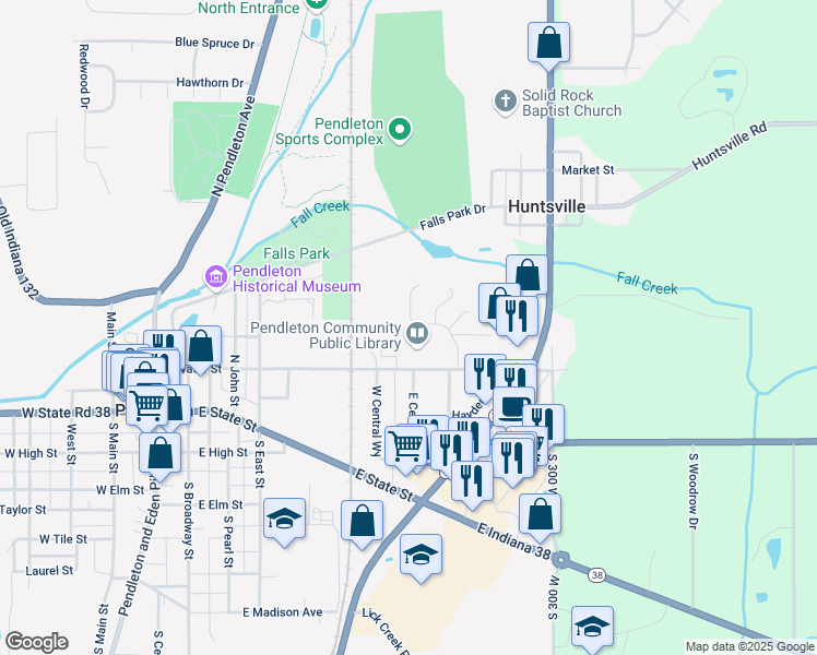 map of restaurants, bars, coffee shops, grocery stores, and more near 6 Village Parkway in Pendleton