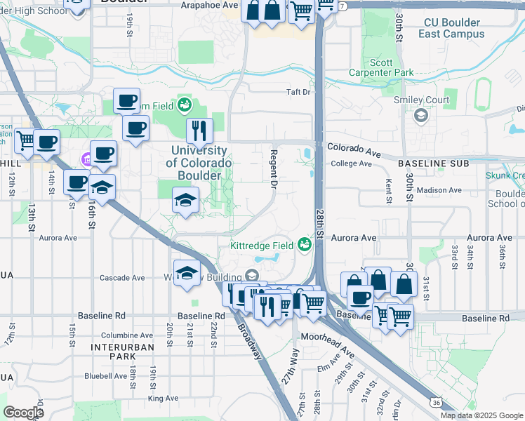 map of restaurants, bars, coffee shops, grocery stores, and more near 995 Regent Dr in Boulder