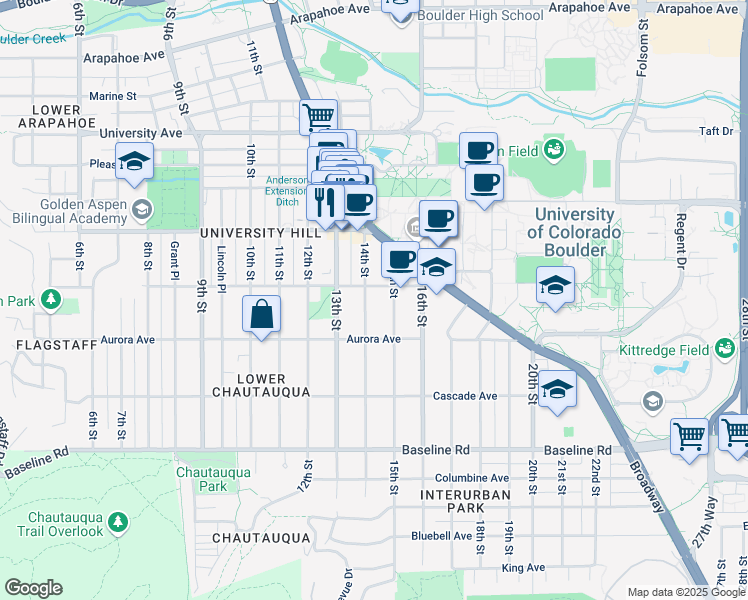 map of restaurants, bars, coffee shops, grocery stores, and more near in Boulder