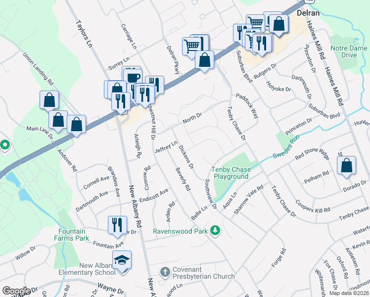 map of restaurants, bars, coffee shops, grocery stores, and more near 212 Dickens Drive in Delran