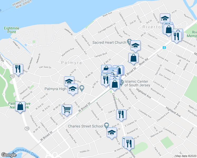 map of restaurants, bars, coffee shops, grocery stores, and more near 426 Leconey Avenue in Palmyra