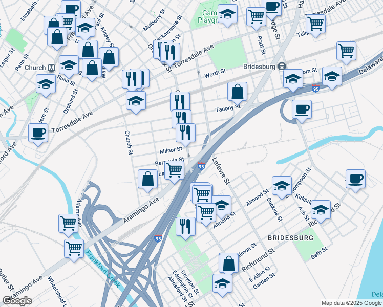 map of restaurants, bars, coffee shops, grocery stores, and more near 2380 Orthodox Street in Philadelphia