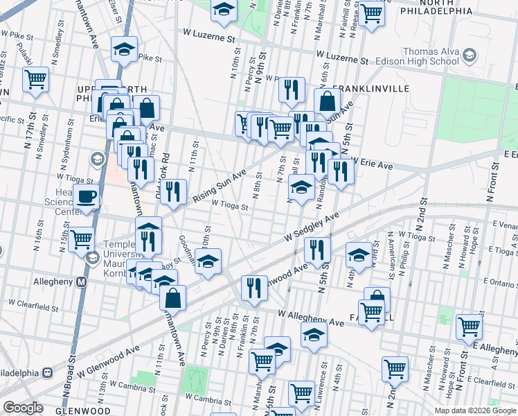 map of restaurants, bars, coffee shops, grocery stores, and more near 801 West Tioga Street in Philadelphia