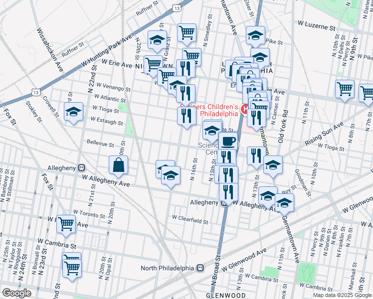 map of restaurants, bars, coffee shops, grocery stores, and more near 1614 West Ontario Street in Philadelphia