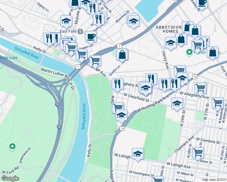 map of restaurants, bars, coffee shops, grocery stores, and more near 3901 Ridge Avenue in Philadelphia