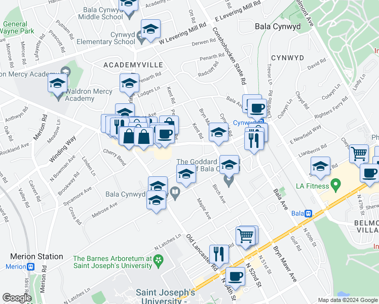 map of restaurants, bars, coffee shops, grocery stores, and more near 124 Montgomery Avenue in Bala Cynwyd