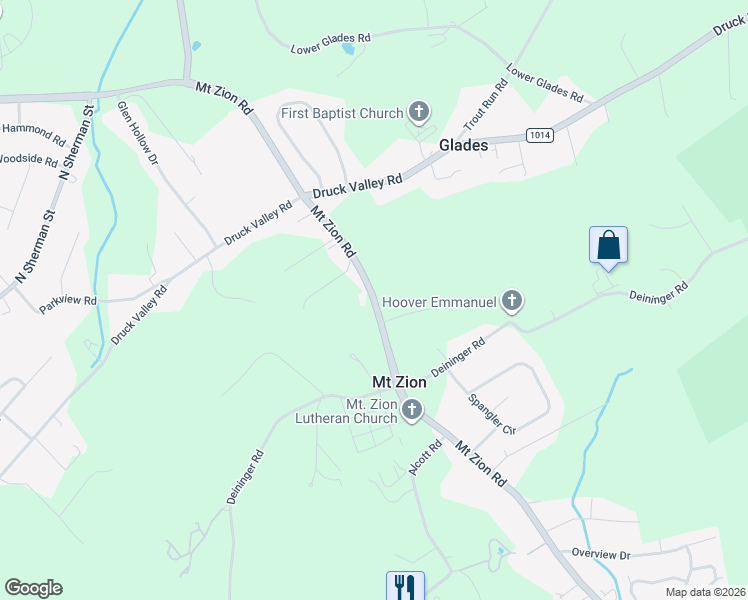 map of restaurants, bars, coffee shops, grocery stores, and more near 2368 Mount Zion Road in York