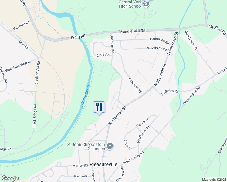 map of restaurants, bars, coffee shops, grocery stores, and more near 2608 Willow Street in York