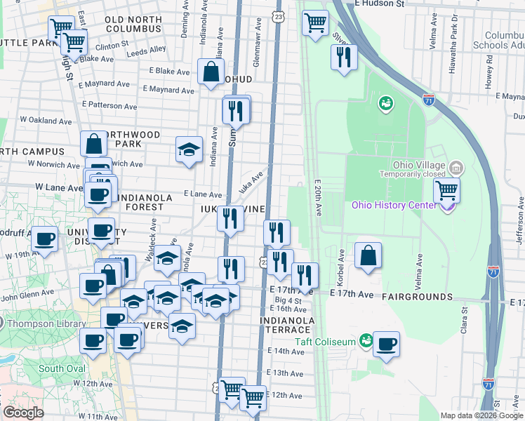 map of restaurants, bars, coffee shops, grocery stores, and more near 401 East Lane Avenue in Columbus
