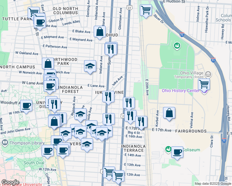 map of restaurants, bars, coffee shops, grocery stores, and more near 2086 Iuka Avenue in Columbus