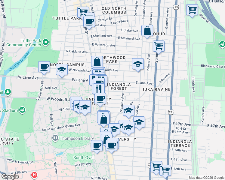 map of restaurants, bars, coffee shops, grocery stores, and more near in Columbus