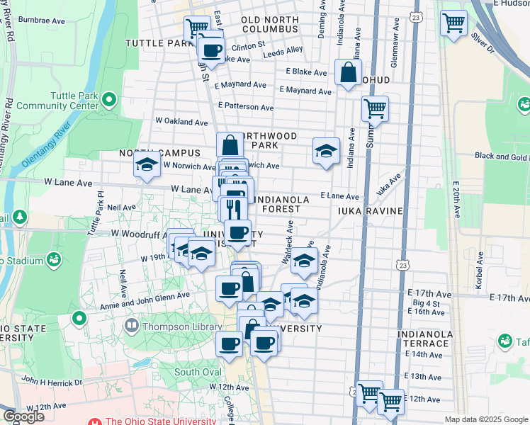 map of restaurants, bars, coffee shops, grocery stores, and more near in Columbus