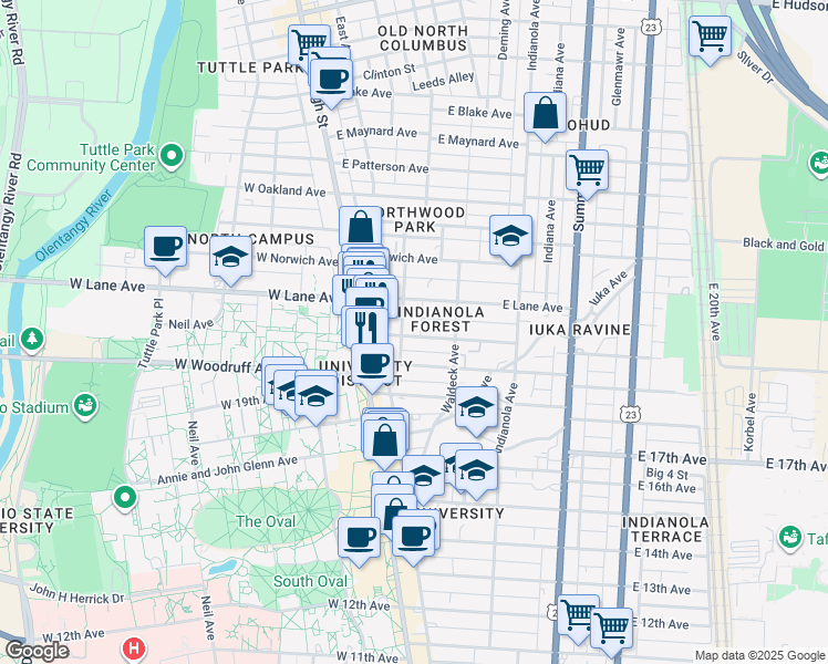 map of restaurants, bars, coffee shops, grocery stores, and more near in Columbus