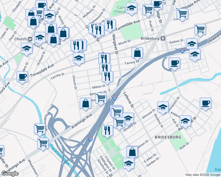 map of restaurants, bars, coffee shops, grocery stores, and more near 2380 Orthodox Street in Philadelphia