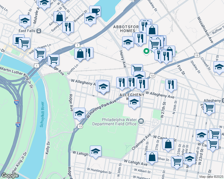 map of restaurants, bars, coffee shops, grocery stores, and more near 3158 W Allegheny Ave in Philadelphia