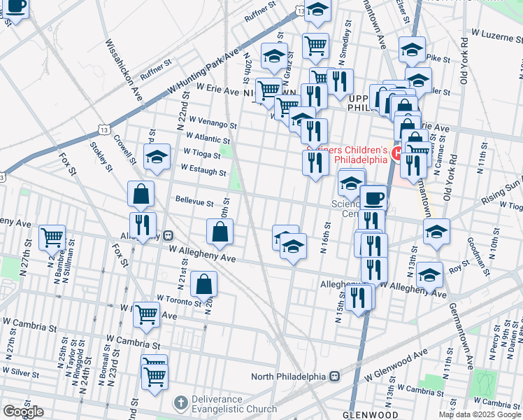 map of restaurants, bars, coffee shops, grocery stores, and more near 3338 North Gratz Street in Philadelphia