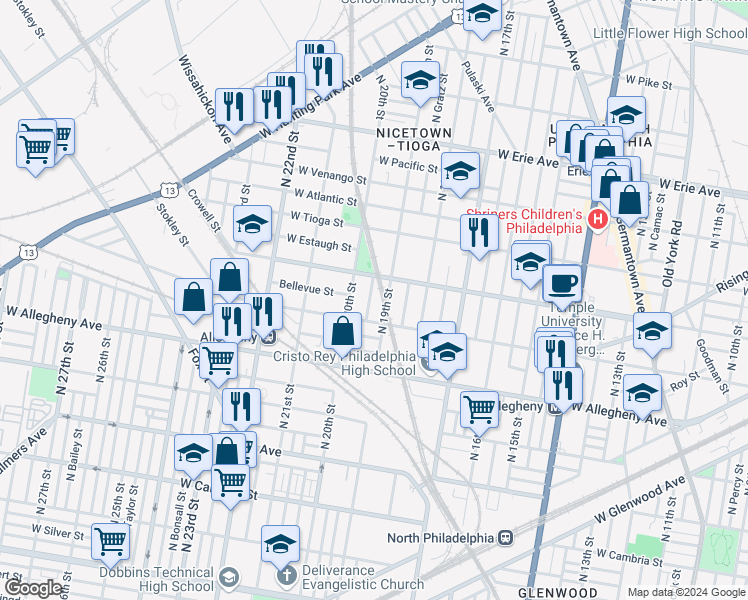 map of restaurants, bars, coffee shops, grocery stores, and more near 3329 North Uber Street in Philadelphia