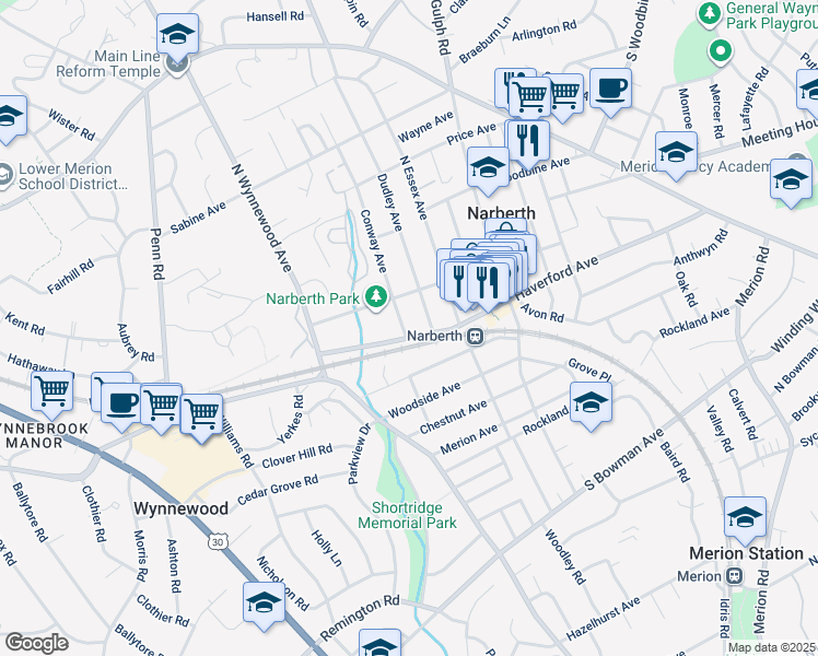 map of restaurants, bars, coffee shops, grocery stores, and more near 105 Conway Avenue in Narberth