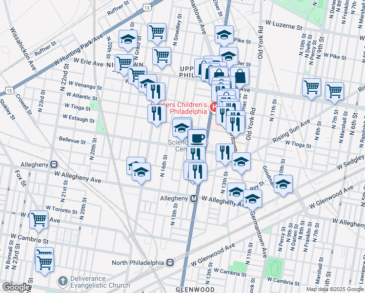 map of restaurants, bars, coffee shops, grocery stores, and more near 3400 North 16th Street in Philadelphia