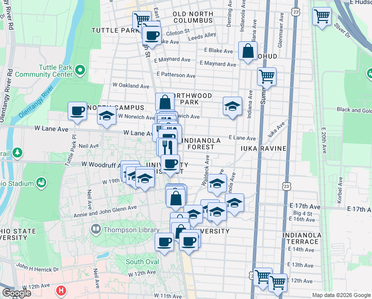 map of restaurants, bars, coffee shops, grocery stores, and more near in Columbus